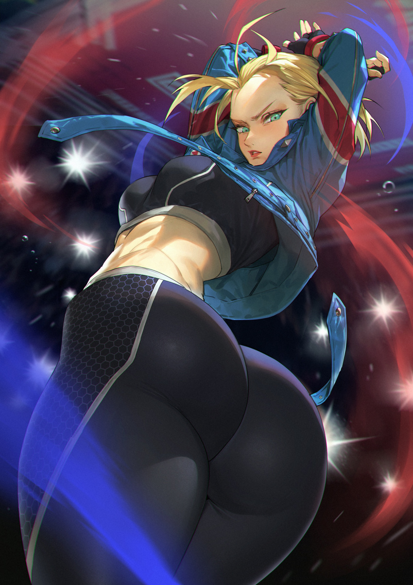 1girl arms_behind_head arms_up ass bare_shoulders black_gloves black_pants black_sports_bra blonde_hair blue_eyes blue_jacket blush breasts cammy_white fingerless_gloves gloves highres jacket large_breasts looking_at_viewer looking_back mhk_(mechamania) open_clothes open_jacket pants scar scar_on_cheek scar_on_face short_hair solo sports_bra street_fighter street_fighter_6 thighs tight tight_pants toned