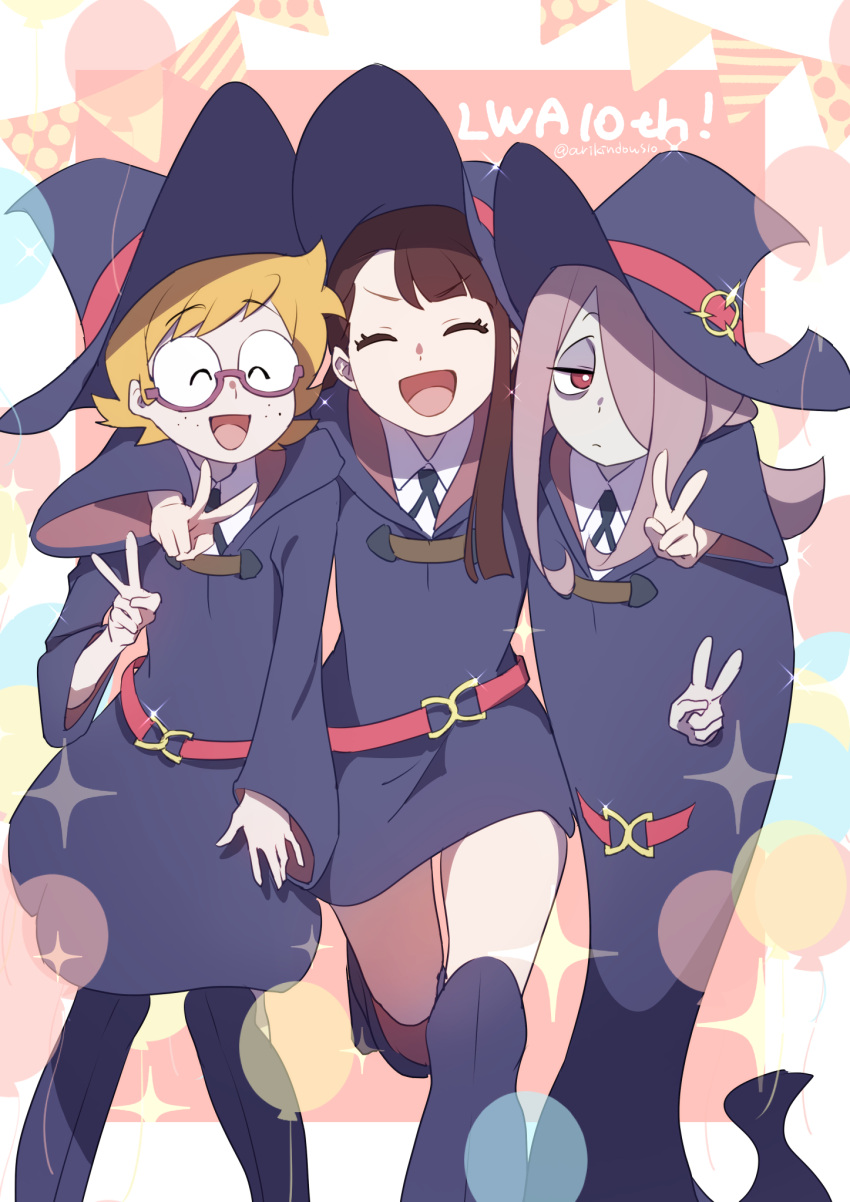 3girls anniversary arikindows10 blonde_hair brown_hair commentary_request facing_viewer feet_out_of_frame freckles glasses hair_over_one_eye hat highres kagari_atsuko light_purple_hair little_witch_academia long_hair long_sleeves looking_at_viewer lotte_jansson luna_nova_school_uniform multiple_girls multiple_sources open_mouth pale_skin red_eyes school_uniform semi-rimless_eyewear short_hair sucy_manbavaran twitter_username v witch_hat