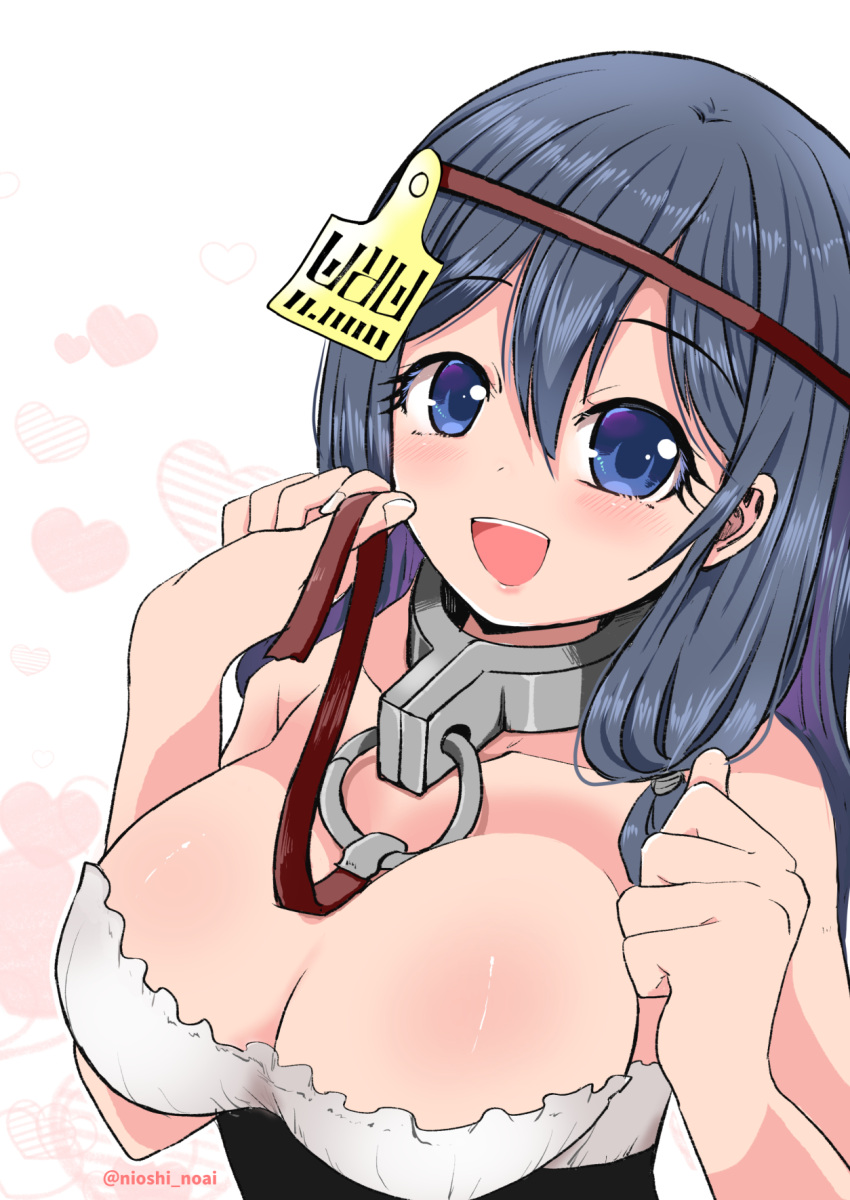 1girl :d bangs bare_arms bare_shoulders black_dress blue_eyes blue_hair breasts cleavage commentary_request dress hair_between_eyes hands_up heart heart_background highres large_breasts long_hair looking_at_viewer multicolored_hair noai_nioshi original purple_hair simple_background smile solo teeth twitter_username two-tone_hair upper_teeth_only white_background