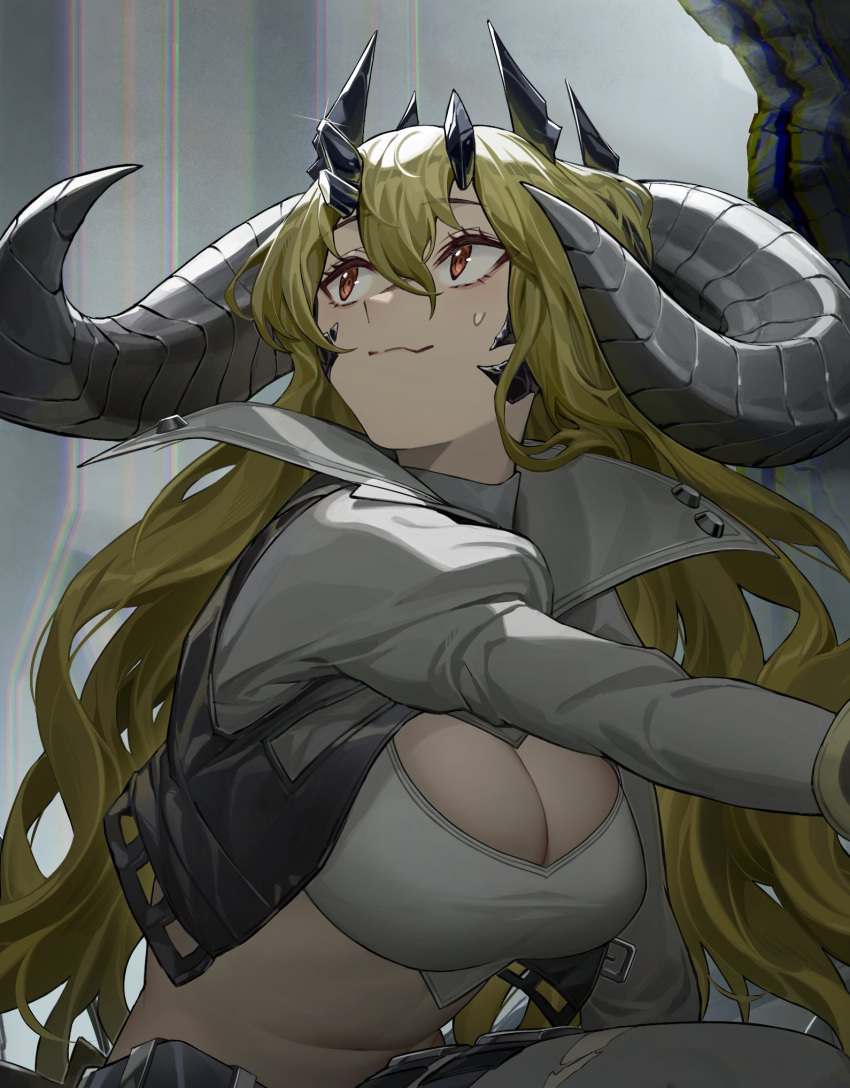 1girl arknights black_jacket blonde_hair breasts cleavage crop_top cropped_jacket curled_horns estelle_(arknights) famepeera highres horns jacket large_breasts long_hair long_sleeves looking_up midriff navel open_clothes open_jacket red_eyes scales shirt smile solo stomach upper_body white_shirt