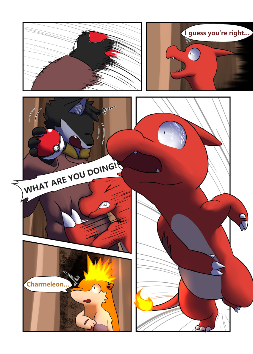 absurd_res charmeleon comic darrow0 english_text fire forest generation_1_pokemon generation_2_pokemon hi_res nintendo plant pokeball pokemon pokemon_(species) quilava speech_bubble text tree video_games yuel