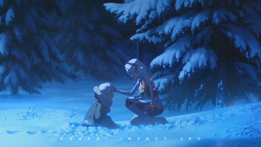 bangs black_headwear breasts child cleavage english_text female_child formal highres honkai_(series) honkai_impact_3rd kiana_kaslana kiana_kaslana_(white_comet) kneeling looking_at_another multiple_persona official_art official_wallpaper patting snow star_(symbol) suit tree white_hair white_suit winter_clothes