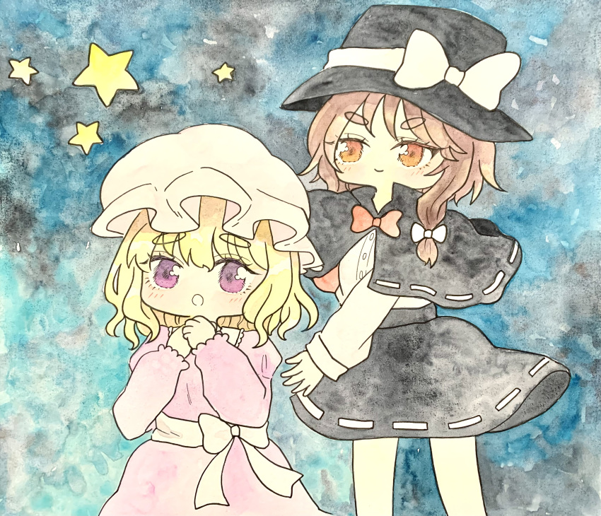 2girls absurdres black_headwear black_skirt blonde_hair brown_eyes brown_hair dress hat highres maribel_hearn marker_(medium) mob_cap multiple_girls painting_(medium) pppppks purple_dress purple_eyes short_hair skirt touhou traditional_media usami_renko watercolor_(medium) white_headwear