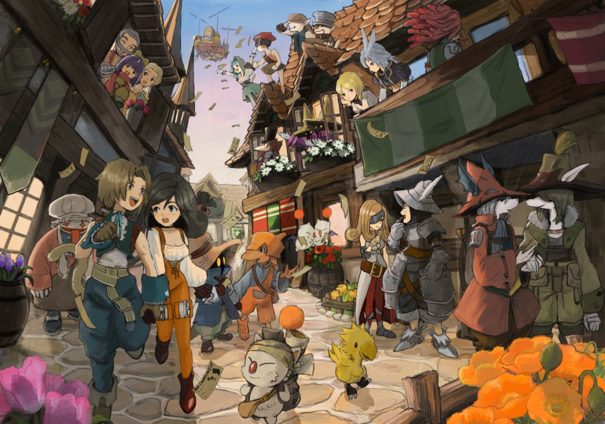 adelbert_steiner aircraft airship armor beatrix_(ff9) blank_(ff9) burmecian chef_hat chocobo cid_fabool_ix cinna_(ff9) couple eiko_carol eyepatch final_fantasy final_fantasy_ix fratley freija_crescent garnet_til_alexandros_xvii hat highres hildagarde_fabool holding_hands kuja long_tongue marcus_(ff9) mikoto_(ff9) moogle puck_(ff9) quina_quen ruby_(ff9) running salamander_coral soraoyogusakana stiltzkin tongue tongue_out vivi_ornitier zidane_tribal