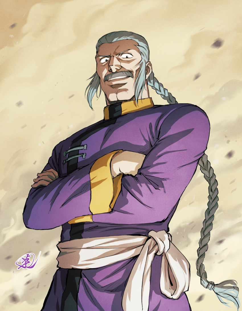 1boy beard belt black_eyes braid braided_ponytail crossed_arms facial_hair fujii_eishun g_gundam grey_hair gundam hair_behind_ear highres jacket long_hair male_focus master_asia parted_lips purple_jacket sideburns smile solo v-shaped_eyebrows very_long_hair white_belt