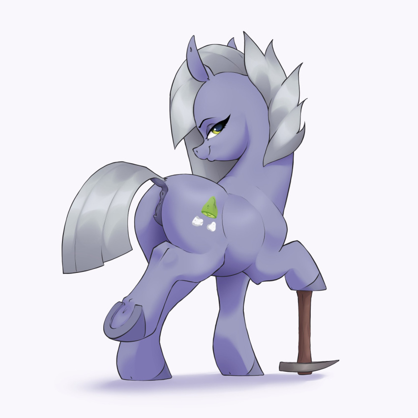 1:1 2023 anatomically_correct anus aquaticvibes butt cutie_mark digital_drawing_(artwork) digital_media_(artwork) dock earth_pony equid equine eyelashes female feral friendship_is_magic genitals grey_hair grey_mane grey_tail hair hasbro hi_res hooves horse limestone_pie_(mlp) looking_at_viewer looking_back looking_back_at_viewer mammal mane my_little_pony pickaxe pony purple_hooves pussy quadruped raised_leg simple_background smile smiling_at_viewer solo tail underhoof white_background