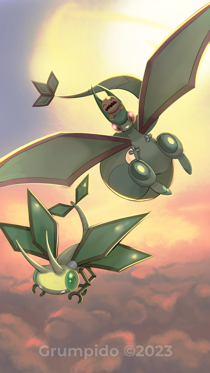 above_clouds absurdres animal_focus claws cloud commentary_request evolutionary_line flygon flying grumpido highres looking_at_viewer no_humans outdoors pokemon pokemon_(creature) trapinch vibrava