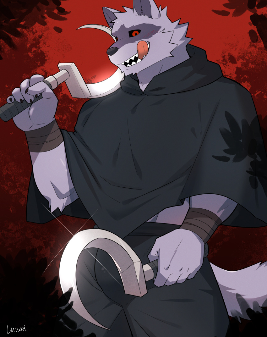 5_fingers absurd_res anthro black_sclera canid canine canis claws death_(puss_in_boots) dreamworks fingers fur hi_res holding_object holding_weapon luwei_(artist) male mammal open_mouth open_smile puss_in_boots_the_last_wish red_eyes sharp_teeth sickle smile solo tail teeth tongue tongue_out weapon wolf