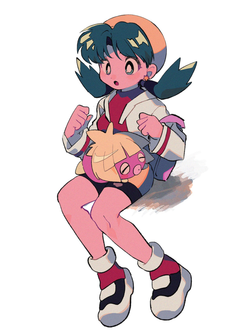 1girl :o backpack bag bangs bike_shorts boots bright_pupils clenched_hands commentary_request earrings eyelashes green_eyes green_hair hat highres jacket jewelry knees kris_(pokemon) long_hair long_sleeves ok_ko19 on_lap open_clothes open_jacket pink_bag pokemon pokemon_(creature) pokemon_adventures pokemon_on_lap red_shirt shirt sitting smoochum twintails white_footwear white_jacket white_pupils yellow_headwear