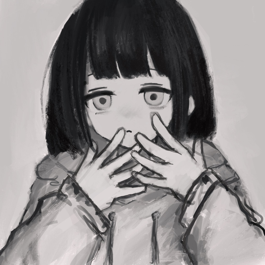 1girl bangs blunt_bangs empty_eyes expressionless forestg0d grey_theme half-closed_eyes hands_up highres hood hood_down hoodie lag_train_(vocaloid) long_sleeves looking_at_viewer monochrome open_hands osage_(inabakumori) pale_skin portrait raised_eyebrows simple_background solo tareme