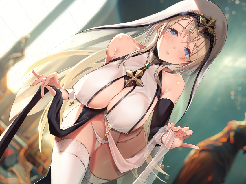 1girl absurdres ass_visible_through_thighs bangs blonde_hair blue_eyes blurry blurry_background blush breasts cleavage closed_mouth covered_nipples dress gem hair_between_eyes headdress highres indoors large_breasts long_hair looking_at_viewer mappaninatta mole mole_under_mouth navel non-web_source nun original panties solo standing thigh_gap thighhighs underwear white_dress white_panties white_thighhighs