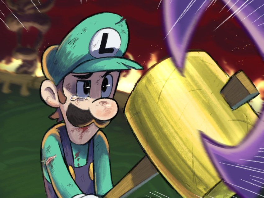 1boy blue_overalls brown_hair facial_hair gloves green_headwear green_shirt hammer hat highres holding holding_hammer luigi mario_&amp;_luigi_rpg mario_&amp;_luigi_rpg_(style) mario_(series) mustache overalls shirt short_hair upper_body white_gloves ya_mari_6363