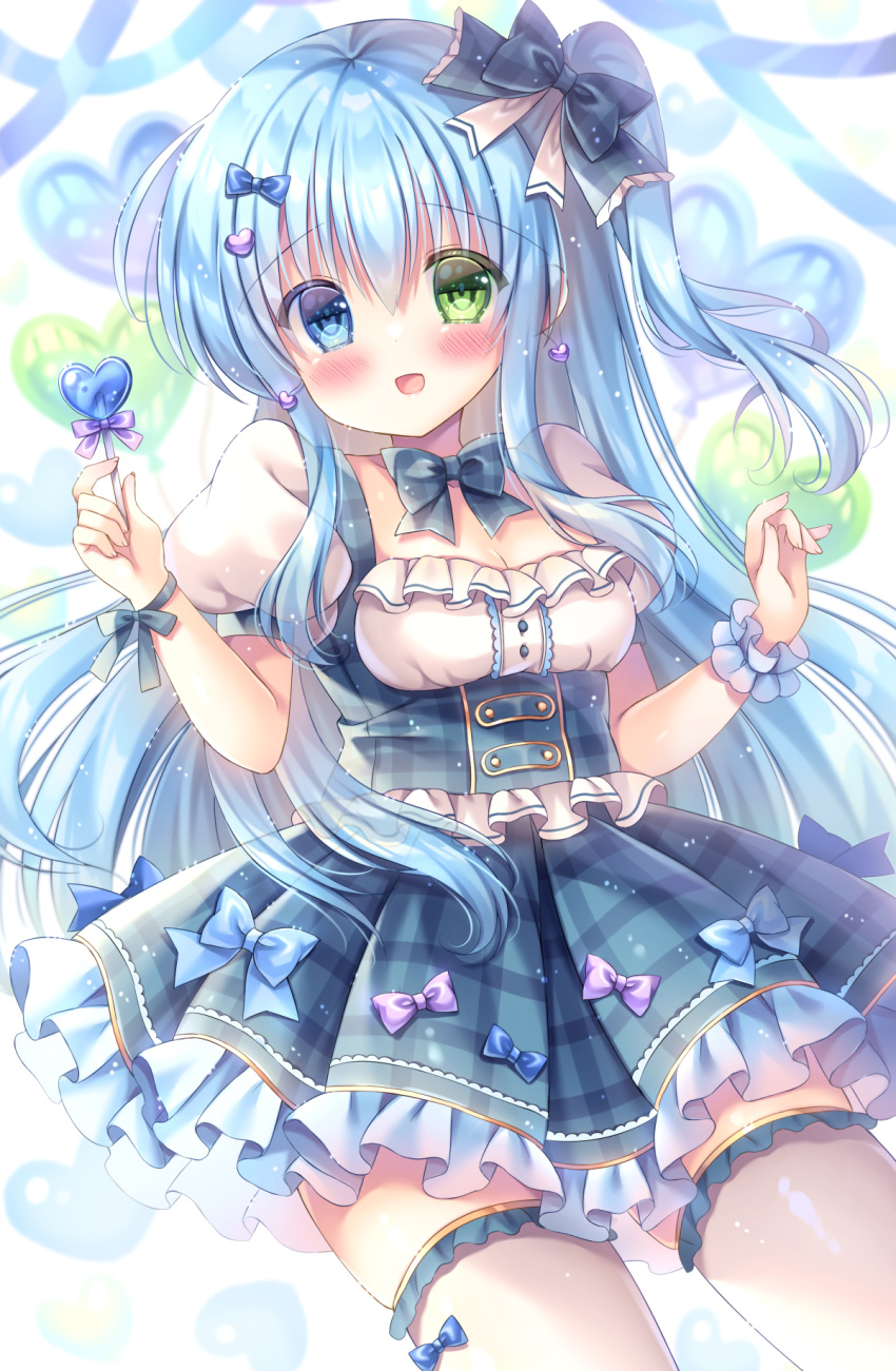 1girl :d balloon bangs black_bow blue_bow blue_eyes blue_hair blue_skirt blush bow breasts cleavage commentary_request commission earrings frilled_skirt frilled_thighhighs frills green_eyes hair_between_eyes hair_bow hair_ornament hands_up heart heart_balloon heart_earrings heart_hair_ornament heterochromia highres holding jewelry kouta. long_hair looking_at_viewer medium_breasts one_side_up original plaid plaid_skirt pleated_skirt puffy_short_sleeves puffy_sleeves purple_bow shirt short_sleeves single_wrist_cuff skeb_commission skirt smile solo thighhighs very_long_hair white_shirt white_thighhighs wrist_cuffs