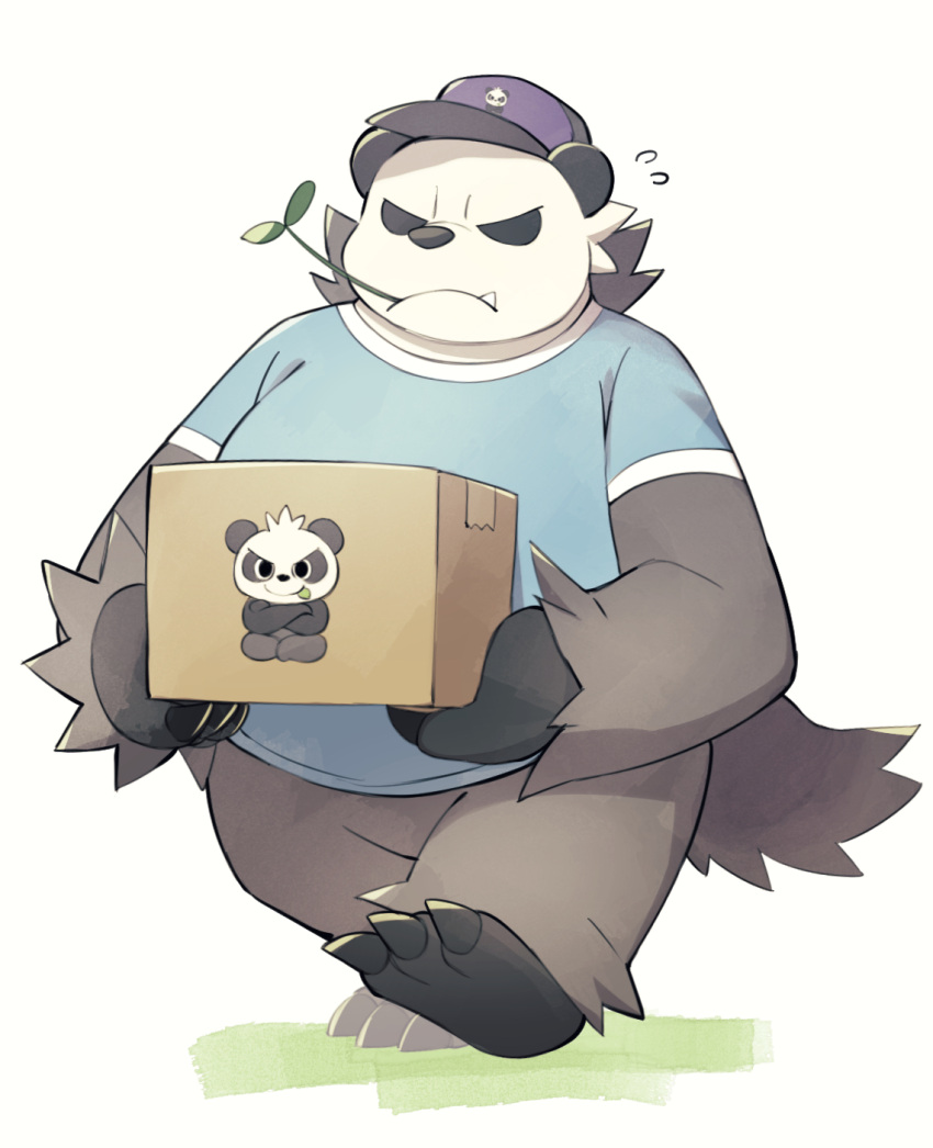 2023 anthro black_body black_nose box clothing container cute_fangs delivery_(commerce) delivery_employee generation_6_pokemon hat headgear headwear hi_res kemono kinoshita-jiroh nintendo pancham pangoro pokemon pokemon_(species) slightly_chubby solo walking white_body