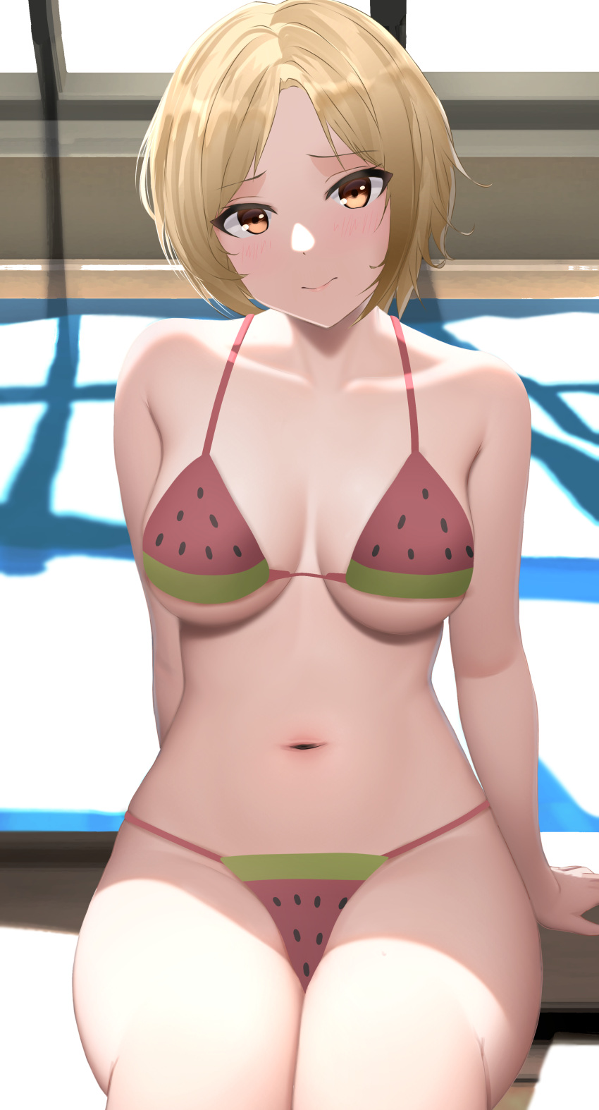 1girl absurdres arms_behind_back bangs bare_arms bare_shoulders bikini blonde_hair blush breasts brown_hair closed_mouth collarbone day dgkamikaze food-themed_clothes girls'_frontline highres indoors medium_breasts mp40_(girls'_frontline) navel non-web_source pool rei_no_pool short_hair sitting solo swimsuit thighs water