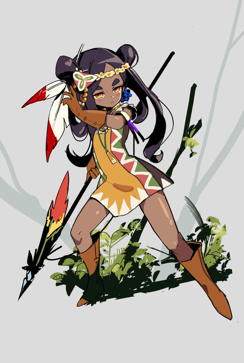 1girl absurdres bangs beast_king_(sekaiju) beast_king_5_(sekaiju) boots brown_gloves dark-skinned_female dark_skin dress feather_hair_ornament feathers fighting_stance flower forehead full_body gloves hair_flower hair_ornament highres holding holding_polearm holding_weapon orange_eyes parted_bangs polearm polilla sekaiju_no_meikyuu sekaiju_no_meikyuu_3 sekaiju_no_meikyuu_hd short_dress sleeveless solo spear thick_eyebrows two_side_up weapon