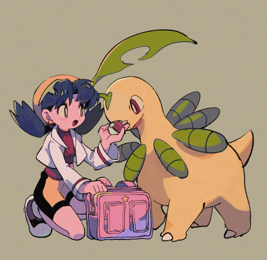 1girl backpack backpack_removed bag bag_removed bangs bayleef bike_shorts black_hair bright_pupils commentary_request earrings eyelashes flipped_hair hat highres holding holding_poke_ball jacket jewelry kris_(pokemon) long_sleeves ok_ko19 one_knee open_clothes open_jacket open_mouth pink_bag poke_ball poke_ball_(basic) pokemon pokemon_(creature) pokemon_adventures red_shirt shirt shoes twintails white_jacket white_pupils yellow_headwear