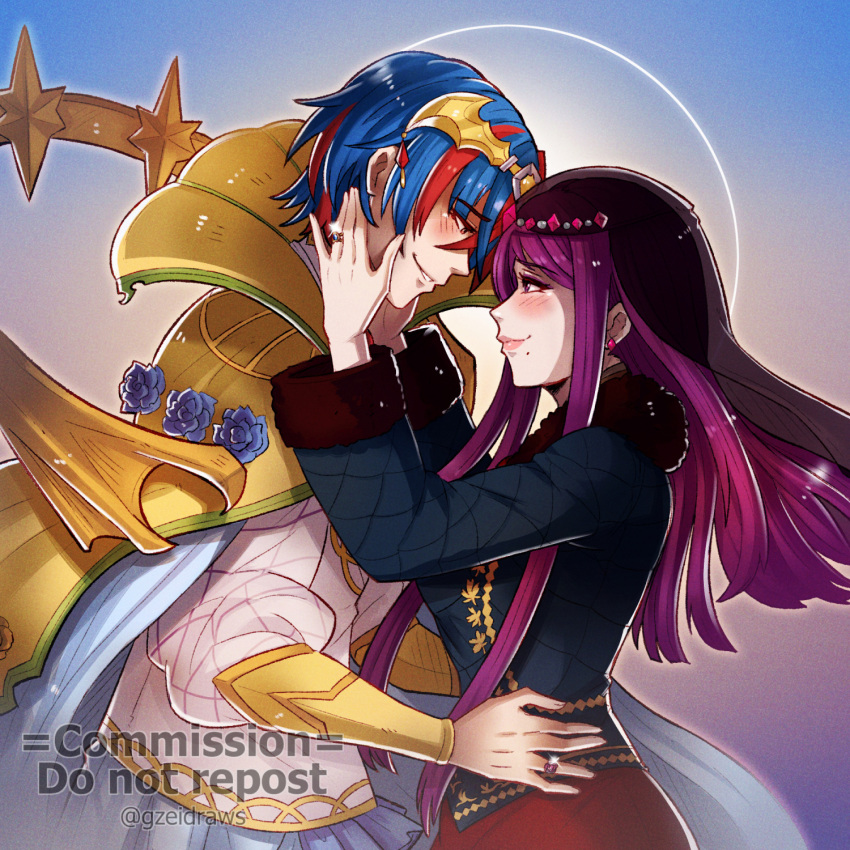1boy 1girl alear_(fire_emblem) alear_(male)_(fire_emblem) black_shirt blue_hair blush breasts fire_emblem fire_emblem_engage gzei hand_on_another's_face highres husband_and_wife imminent_kiss ivy_(fire_emblem) jewelry long_hair long_sleeves looking_at_another official_alternate_costume purple_eyes purple_hair ring shirt smile wedding_ring