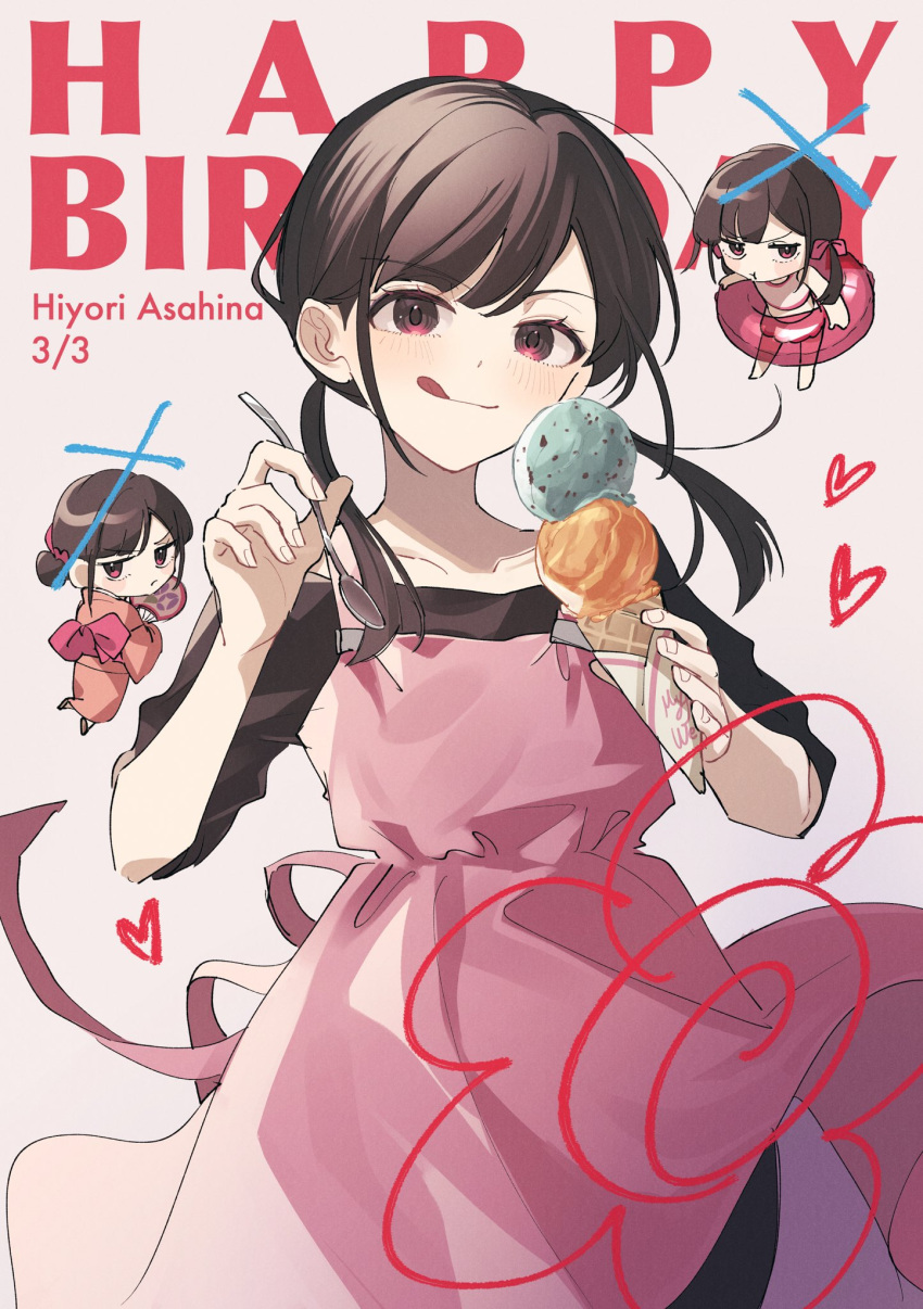 1girl :t alternate_costume annoyed asahina_hiyori bangs black_hair black_shirt bow character_name chibi closed_mouth collarbone commentary cross dated drawn_flower english_text fingernails food full_body hair_bow hair_bun hand_fan heart highres holding holding_fan holding_food holding_ice_cream holding_spoon ice_cream ice_cream_cone innertube japanese_clothes kagerou_project kimono licking_lips looking_at_viewer looking_to_the_side mokemoke_chan multicolored_eyes multiple_girls multiple_persona obi off-shoulder_shirt off_shoulder overalls pink_eyes pink_kimono pink_overalls pink_skirt pout red_bow red_eyes sash shirt short_sleeves simple_background single_hair_bun skirt smile solo_focus spoon swimsuit tongue tongue_out upper_body white_background wide_sleeves x
