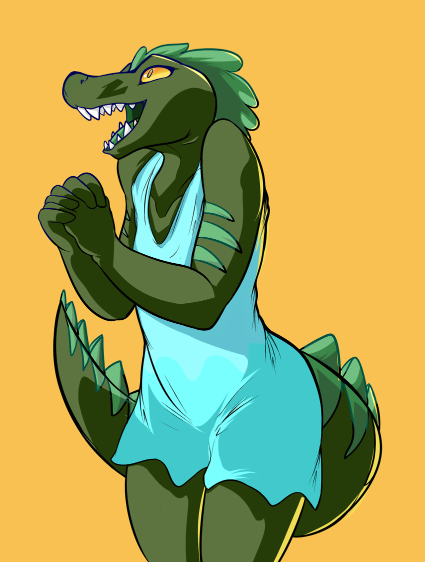 2017 5_fingers anthro blue_clothing blue_dress clothing crocodile crocodilian crocodylid digital_media_(artwork) dress female fingers flat_chested green_body green_skin green_stripes green_tongue hi_res humanoid_hands looking_away open_mouth reptile scalie sharp_teeth simple_background smokeyocity solo stripes teeth tongue yellow_background yellow_eyes