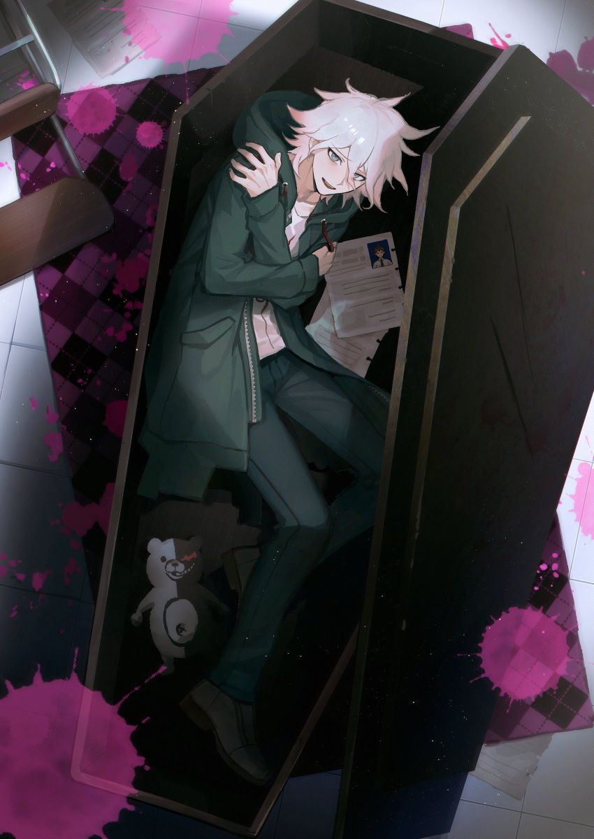 1boy :d absurdres argyle bags_under_eyes black_footwear blood blood_splatter blue_eyes blue_pants carpet chair coffin danganronpa_(series) danganronpa_2:_goodbye_despair from_above full_body green_jacket hair_between_eyes highres hinata_hajime hood hooded_jacket ichigawa_(lethe) in_container jacket komaeda_nagito light_particles looking_at_viewer lying male_focus messy_hair monokuma on_side open_clothes open_jacket pants paper pink_blood print_shirt self_hug shirt short_hair smile solo stuffed_animal stuffed_toy teddy_bear teeth tile_floor tiles upper_teeth_only white_hair white_shirt