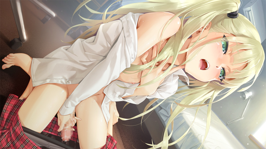 1boy bishoujo_mangekyou blonde_hair blush censored crossdressing feet game_cg green_eyes happoubi_jin kannagi_yuuma long_hair male_focus masturbation nipples open_clothes open_mouth otoko_no_ko penis skirt solo twintails