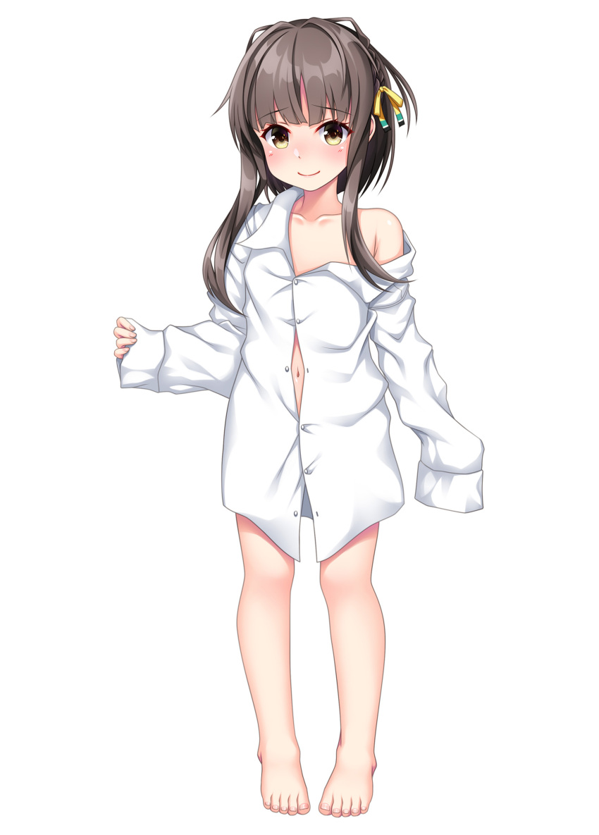 1girl barefoot blush brown_eyes brown_hair buttons closed_mouth collarbone full_body highres kantai_collection navel ruin_re_birth shirt short_hair_with_long_locks sidelocks simple_background sleeves_past_fingers sleeves_past_wrists smile solo ukuru_(kancolle) white_background white_shirt wide_sleeves