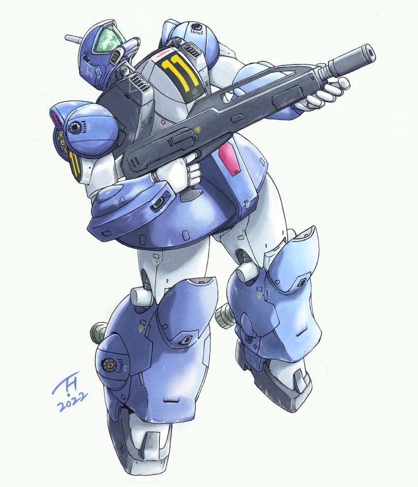 absurdres dated full_body ginga_hyouryuu_vifam gun highres holding holding_gun holding_weapon kujira_gunsou mecha mecha_request no_humans robot simple_background standing torunfam weapon white_background