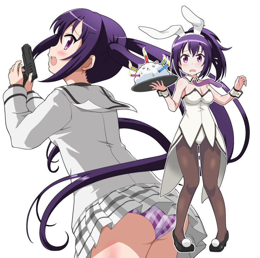 1girl animal_ears gochuumon_wa_usagi_desu_ka? gun handgun highres ki_(adotadot) panties pantyshot rabbit_ears school_uniform tedeza_rize tedeza_rize's_school_uniform tippy_(gochiusa) underwear weapon