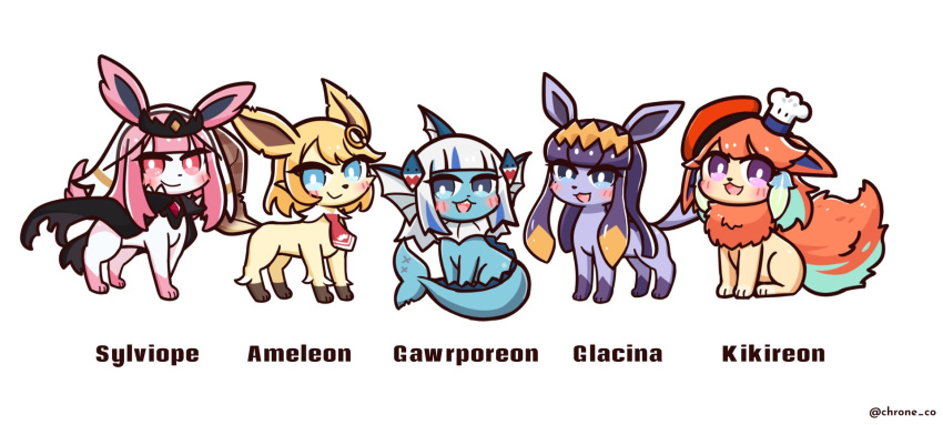 5girls :d artist_name black_cape blonde_hair blue_eyes bridal_veil cape chef_hat chroneco crossover fins fish_tail flareon gawr_gura glaceon hair_ornament hat highres hololive hololive_english holomyth leafeon looking_at_viewer looking_past_viewer mini_hat monocle_hair_ornament mori_calliope multicolored_hair multiple_girls necktie ninomae_ina'nis open_mouth orange_hair pink_eyes pink_hair pokemon pokemon_(creature) pokemon_(game) purple_eyes purple_hair red_necktie shark_hair_ornament simple_background sitting smile sylveon tail takanashi_kiara tiara twitter_username two-tone_hair vaporeon veil watson_amelia white_background white_hair