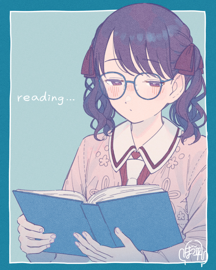 1girl black_hair book commentary_request fukumaru_koito glasses hair_ribbon highres holding holding_book idolmaster idolmaster_shiny_colors necktie paayan_(hagakinorock54) purple_eyes reading ribbon solo twintails upper_body