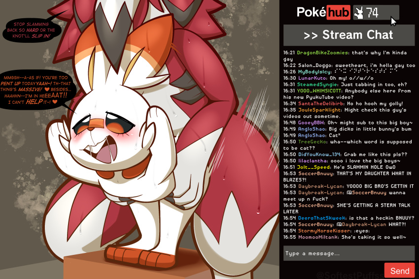 anthro canid canine claws digital_media_(artwork) duo english_text female female_penetrated fur generation_7_pokemon generation_8_pokemon hair hi_res lycanroc male male/female male_penetrating male_penetrating_female mammal midnight_lycanroc nintendo open_mouth penetration pokemon pokemon_(species) scorbunny sex smile softestpuffss text vaginal video_games white_body white_fur