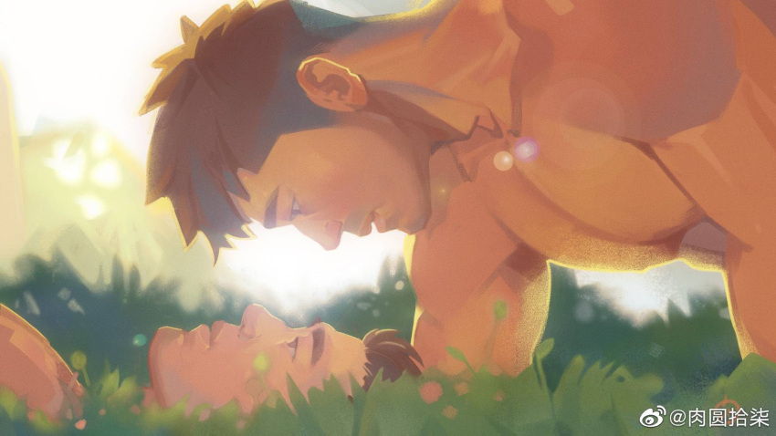 2boys bara close-up couple from_side grass highres large_pectorals lying male_focus multiple_boys muscular muscular_male nipples nude on_back original pectorals rouyuan_shiqi_(ro_seventeen) short_hair sideburns sunlight thick_eyebrows upper_body yaoi