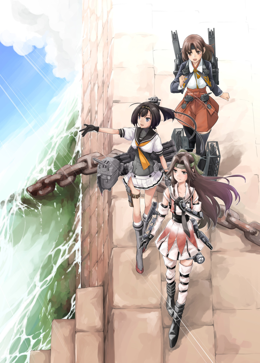 3girls ahoge akizuki_(kancolle) black_gloves black_hair black_headband black_sailor_collar blue_eyes blue_jacket brown_eyes brown_hair chain chiyoda_(kancolle) chou-10cm-hou-chan clothes_writing commentary_request detached_sleeves elbow_gloves forehead_protector from_above gloves gradient_clothes grey_eyes hair_intakes hakama hakama_short_skirt hakama_skirt half_updo headband highres jacket japanese_clothes jintsuu_(kancolle) kantai_collection long_hair machinery multiple_girls neckerchief pleated_skirt ponytail red_hakama red_skirt sailor_collar saitou_sakae school_uniform serafuku skirt stairs thighhighs water white_sailor_collar white_skirt yellow_neckerchief