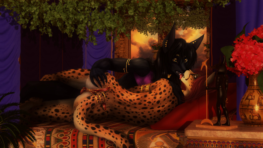 absurd_res anthro anubian_jackal bed butt butt_grab canid canine canis cheetah clothing duo egyptian felid feline flower furniture girly gold_(metal) hair hand_on_butt hi_res jackal jewelry long_hair male male/male mammal panties plant romantic romantic_couple selker tail teasing underwear