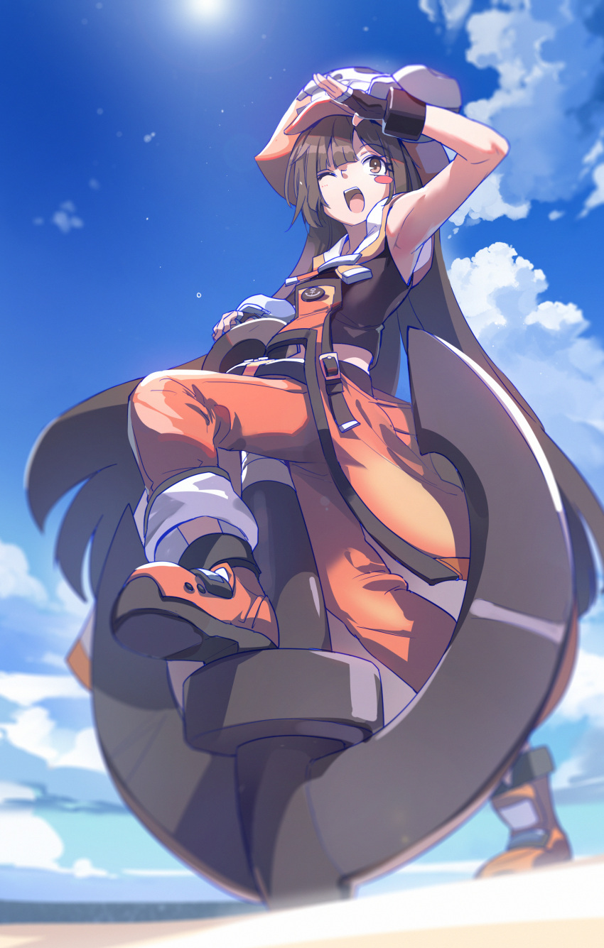 1girl ;d absurdres anchor bangs black_gloves black_shirt blue_sky blunt_bangs blush_stickers brown_eyes brown_hair cloud fingerless_gloves gloves guilty_gear highres huanxiang_huifeng large_hat long_hair looking_afar may_(guilty_gear) midriff military military_uniform one_eye_closed open_mouth orange_pants pants shading_eyes shirt sky smile solo sun uniform very_long_hair