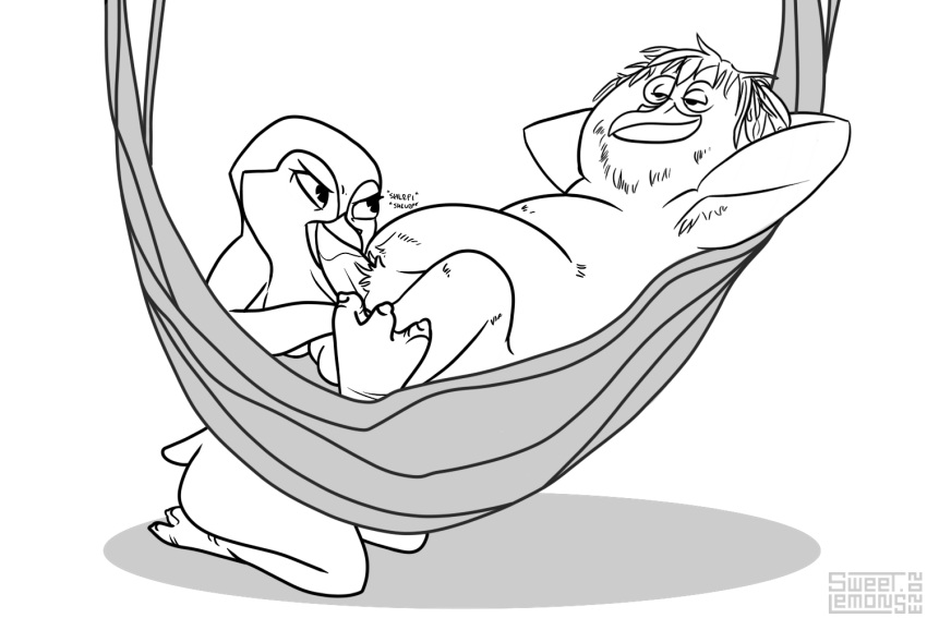 2023 3_toes annoyed annoyed_expression anthro avian balls beak big_butt bird breasts butt cephalopod coleoid decapodiform digital_drawing_(artwork) digital_media_(artwork) digital_painting_(artwork) duo emperor_penguin eyebrows eyelashes facial_hair feet fellatio female genitals hair half-closed_eyes hammock hands_behind_head kneeling lani_aliikai looking_at_another lying male male/female marine mollusk monochrome narrowed_eyes nude on_back oral overweight overweight_male penguin penile penis pubes relaxing sex sexy_eyes shaded shadow short_tail signature simple_background simple_coloring simple_eyes simple_shading smile surf's_up sweet.lemons tail thick_thighs toes white_background zeke_topanga