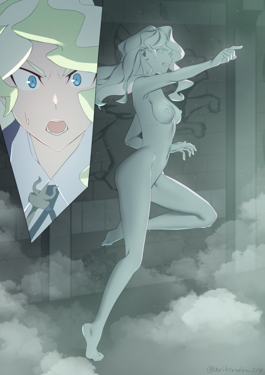 1girl arikindows10 blonde_hair blue_eyes breasts clenched_teeth diana_cavendish highres large_breasts little_witch_academia luna_nova_school_uniform multiple_views navel nipples nude open_mouth petrification pointing school_uniform statue teeth wide-eyed