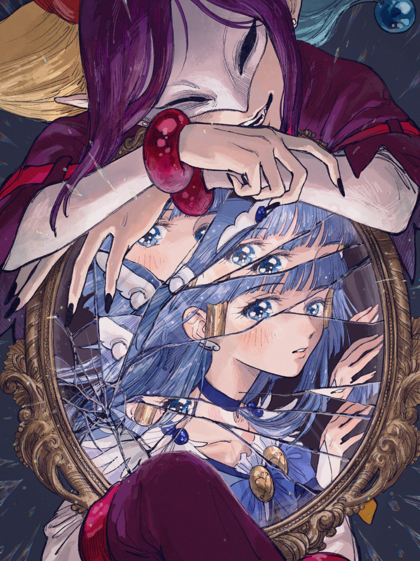 1boy 1girl aoki_reika black_nails blonde_hair blue_choker blue_eyes blue_hair broken_glass broken_mirror choker cracked_glass cure_beauty glass hair_tubes highres joker_(smile_precure!) long_hair magical_girl mask mirror mo_nirvana_ka multicolored_hair open_mouth parted_lips pointy_ears precure purple_hair sharp_teeth smile_precure! teeth wing_earrings