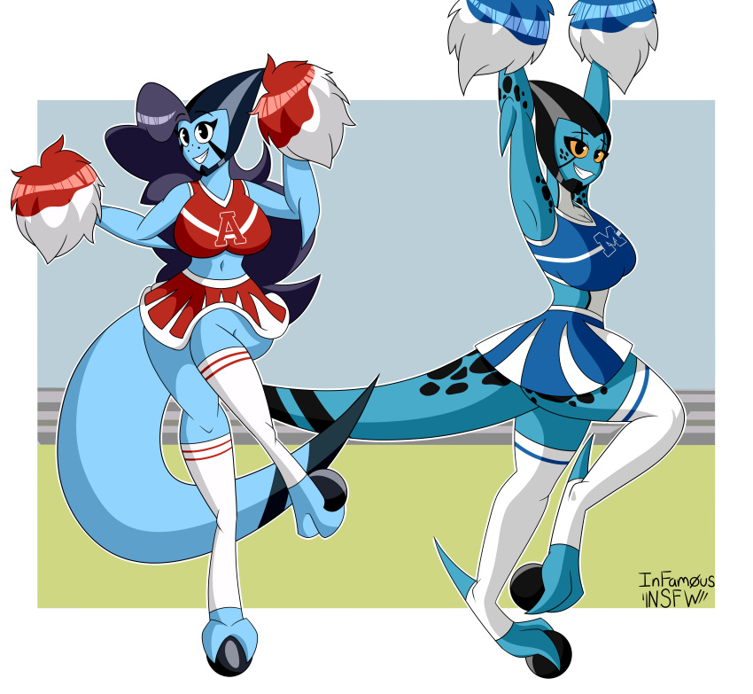 absurd_res alien ben_10 blue_body blue_skin bottomwear cartoon_network cheerleader cheerleader_outfit clothing duo female female/female footwear freckles hair hi_res humanoid kineceleran miniskirt pumpkinnaughty skirt socks wendy_kineceleran xlr8 zeler_(juanp1arts)