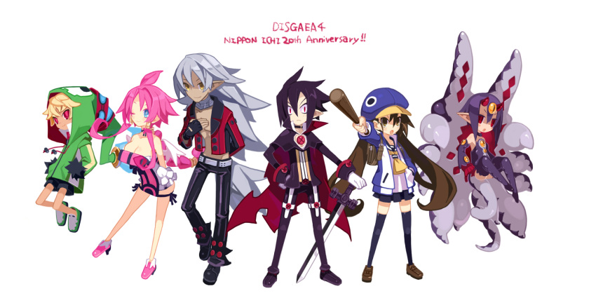 16_ban 3boys 3girls anniversary belt black_hair black_shorts blonde_hair blue_eyes breasts desco_(disgaea) disgaea emizel_(disgaea) fenrich_(disgaea) fingerless_gloves gloves green_hoodie grey_hair hair_between_eyes hands_in_pockets hood hoodie jingle_bell_earrings long_hair makai_senki_disgaea_4 male_child multiple_boys multiple_girls pointy_ears red_eyes shoes shorts topless_male valvatorez_(disgaea) vampire vulcanus_(disgaea_4) white_background white_wings wings yamagishi_fuuka