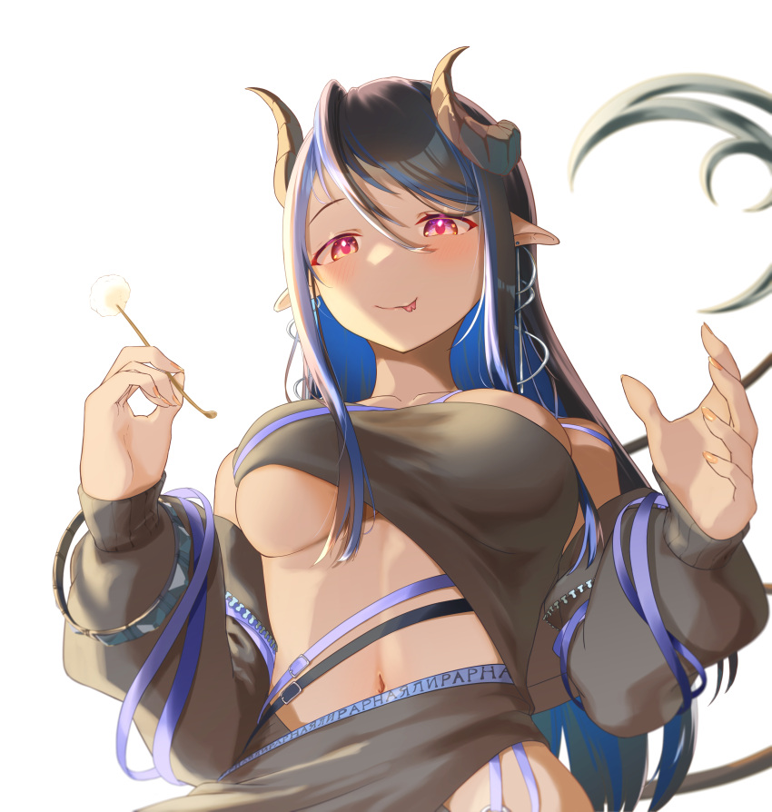 1girl 774_inc. absurdres bangs belt black_bandeau black_belt black_hair black_jacket black_skirt blue_belt blue_hair blue_mountain_(user_aesh3827) blush breasts chest_belt closed_mouth commentary_request couch demon_girl demon_horns demon_tail forked_tongue grey_horns hair_between_eyes hebiyoi_tier highres hip_vent horns jacket lap_pillow_invitation large_breasts long_hair long_sleeves looking_at_viewer mimikaki multicolored_hair navel off_shoulder open_clothes open_jacket pink_eyes pointy_ears sidelocks simple_background skirt smile solo sugar_lyric tail tongue transparent_background two-tone_hair underboob upper_body virtual_youtuber