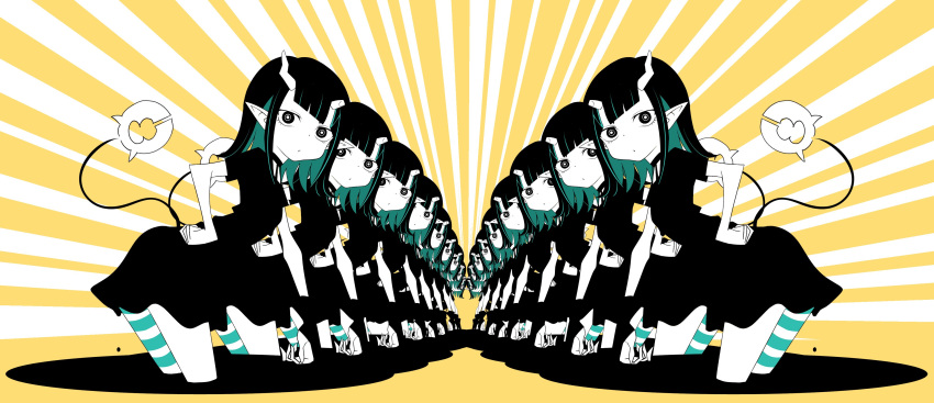 6+girls 774_inc. absurdres bangs black_dress black_hair blue_hair closed_mouth cowboy_shot demon_girl demon_horns demon_tail dress expressionless flat_chest highres horns limited_palette looking_at_viewer looking_to_the_side medium_hair multicolored_hair multiple_girls official_alternate_costume pointy_ears shishio_chris sugar_lyric tail tengu_nimuru two-tone_hair virtual_youtuber