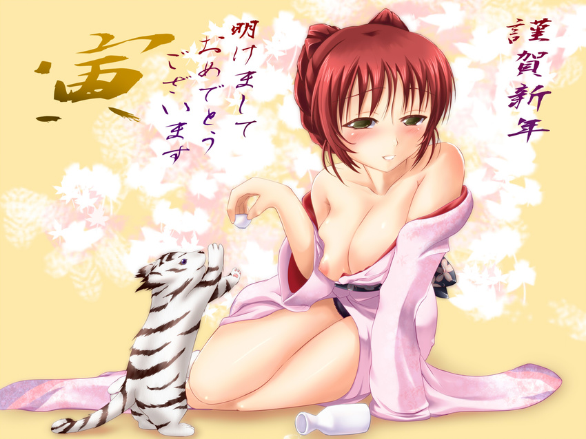 bad_id bad_pixiv_id breasts chinese_zodiac highres japanese_clothes kimono kousaka_tamaki large_breasts nipple_slip nipples red_eyes shimoku solo tiger to_heart_2 year_of_the_tiger