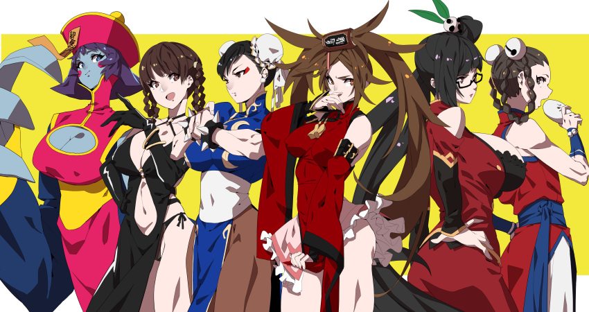 6+girls absurdres baozi black_hair black_legwear black_panties blazblue blue_skin bracelet braid breasts brown_eyes brown_hair bun_cover capcom china_dress chinese_clothes chun-li cleavage covered_navel crossover dead_or_alive detached_sleeves double_bun dress eating food guilty_gear hand_on_hip hat highres jewelry jiangshi kuradoberi_jam large_breasts lei_fang lei_lei li_xiangfei litchi_faye_ling long_hair makai multiple_girls muscle muscular_female navel panties pantyhose pelvic_curtain ponytail puffy_short_sleeves puffy_sleeves purple_hair serious short_hair short_sleeves side-tie_panties sleeveless spiked_bracelet spikes stomach street_fighter the_king_of_fighters thong toned trait_connection twin_braids underwear vampire_(game) very_long_hair wide_sleeves yellow_background