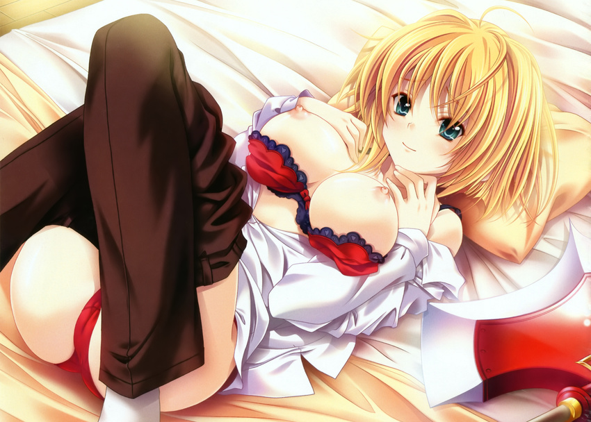absurdres ahoge aqua_eyes axe bangs bed blonde_hair bow bow_bra bra breasts copyright_request dress_shirt highres large_breasts lingerie looking_at_viewer lying miyama-zero nipples on_back panties pillow red_panties seductive_smile shirt smile solo underwear weapon