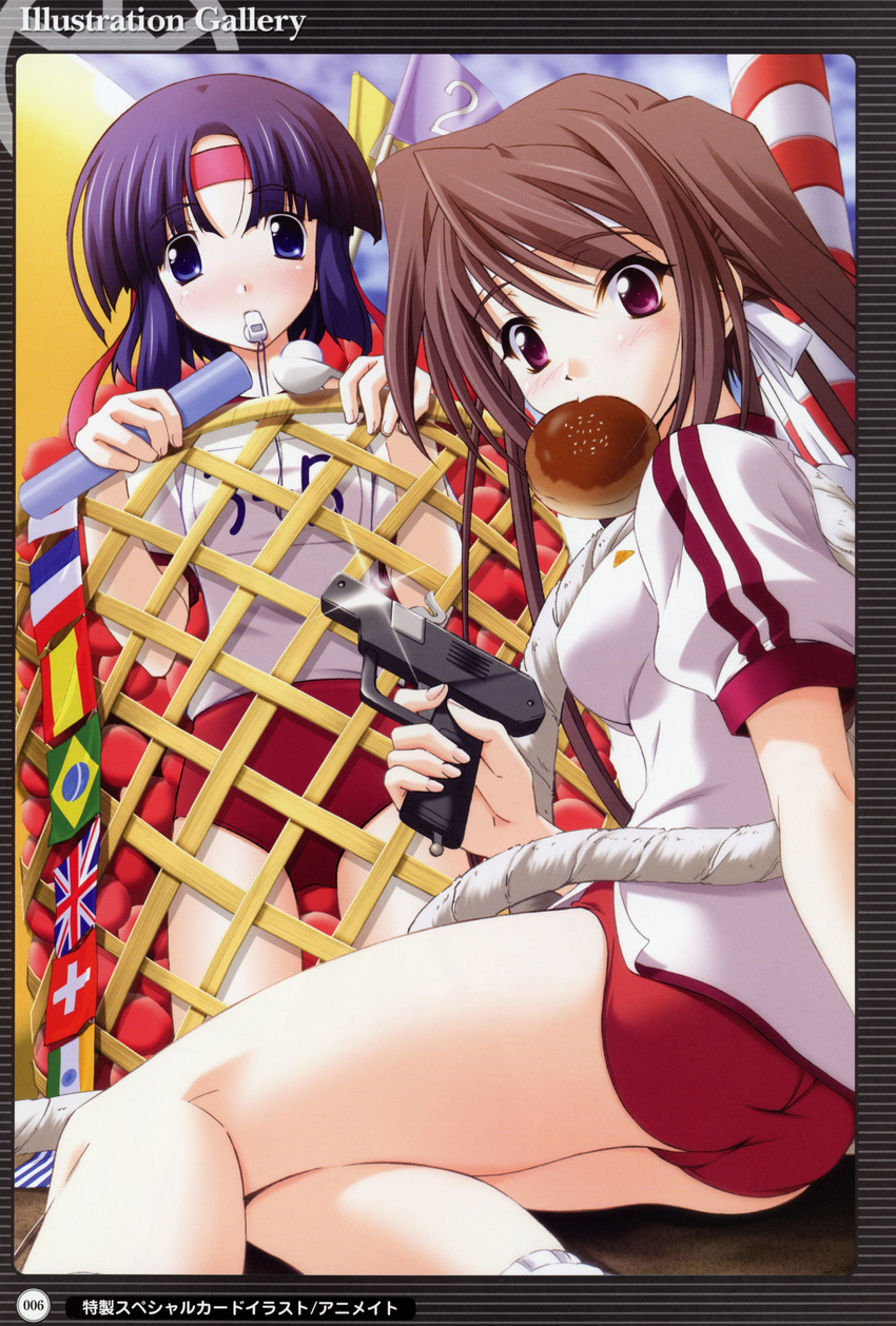 absurdres ass ball_toss basket blue_eyes blue_hair blush bread bread_eating_race brown_hair buruma flag flags_of_all_nations food gun gym_uniform hair_ribbon headband highres hina_asuka koshimizu_takayuki legs long_hair looking_back matsuo_yukihiro memories_off memories_off#5 mouth_hold multiple_girls numbered_flag outdoors purple_eyes relay_baton ribbon rope sawarabi_miumi short_hair sitting sports_festival starting_pistol string_of_flags tug_of_war twintails very_long_hair weapon whistle