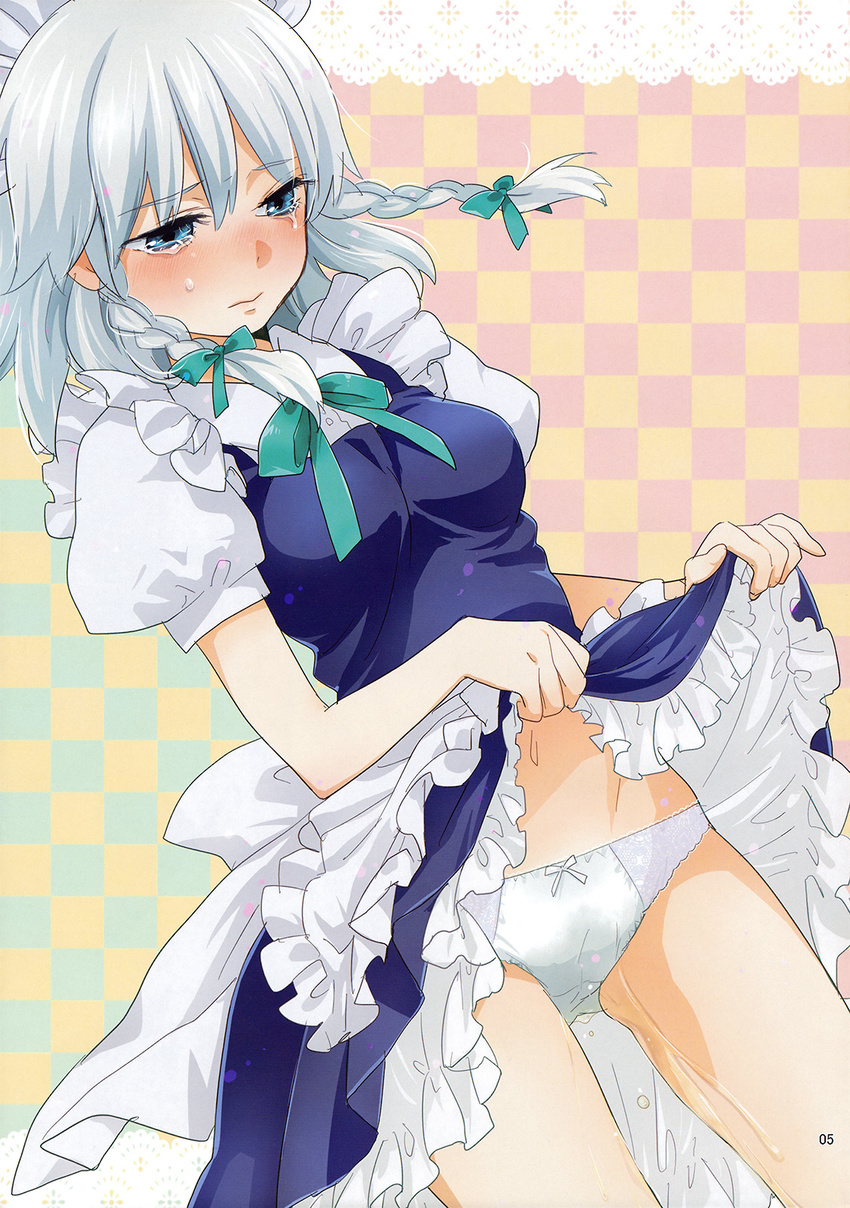 blue_eyes blush bow braid dress dress_lift hair_bow highres izayoi_sakuya machiko_(beard) maid non-web_source panties pee peeing peeing_self short_hair silver_hair solo tears touhou twin_braids underwear white_panties