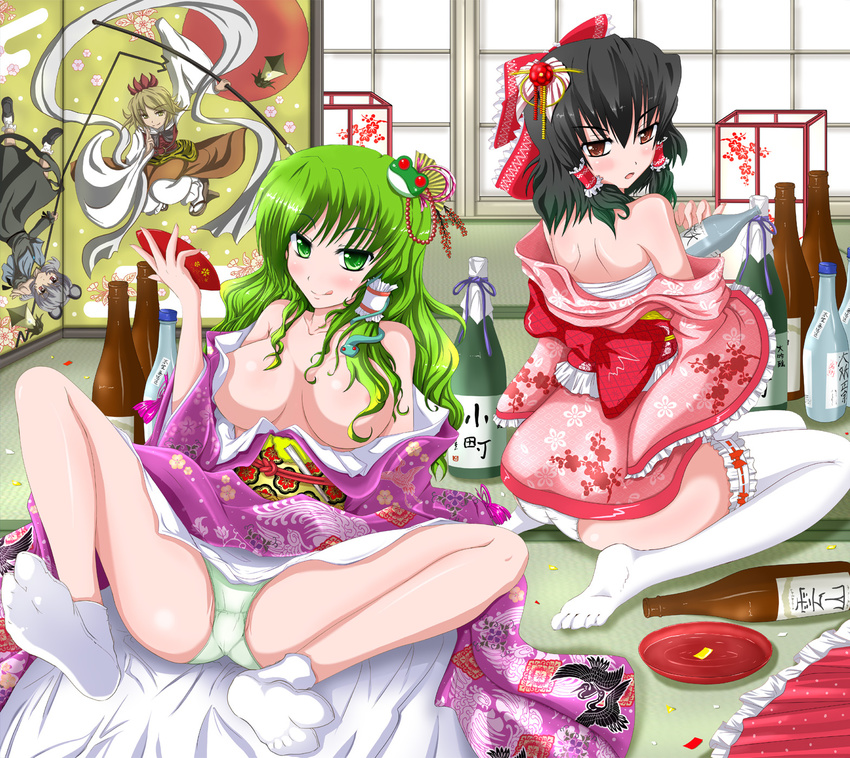 :d alcohol areolae ass bad_id bad_pixiv_id bishamonten's_pagoda breasts breasts_apart brown_hair censored convenient_censoring cup drunk egasumi floral_print folding_screen green_eyes green_hair hair_ornament hair_over_breasts hakurei_reimu highres japanese_clothes kado kimono kochiya_sanae large_breasts licking_lips long_hair multiple_girls nazrin obi open_mouth panties sakazuki sake sarashi sash smile snake spread_legs tabi tatami thighhighs tongue tongue_out toramaru_shou touhou underwear