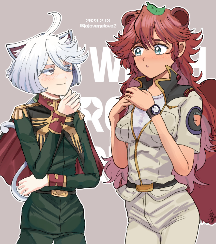 2girls ahoge alternate_costume anavel_gato anavel_gato_(cosplay) animal_ears artist_name blue_eyes blush breasts cape cat_ears cat_girl cat_tail cosplay dated english_commentary eye_contact grey_background grey_eyes grey_hair gundam gundam_0083 gundam_suisei_no_majo highres ing'yeo_soyeo kemonomimi_mode kou_uraki kou_uraki_(cosplay) leaf leaf_on_head long_hair looking_at_another medium_breasts military military_uniform miorine_rembran multiple_girls raccoon_ears raccoon_girl raccoon_tail red_hair simple_background smile suletta_mercury tail uniform watch